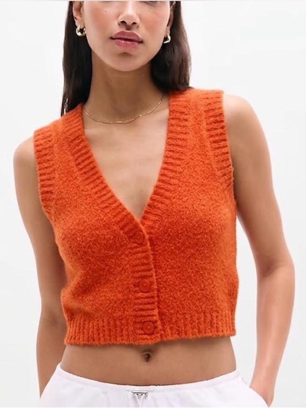 Urban Outfitters {Small, Bright Orange Cropped Fuzzy Button-Front Vest